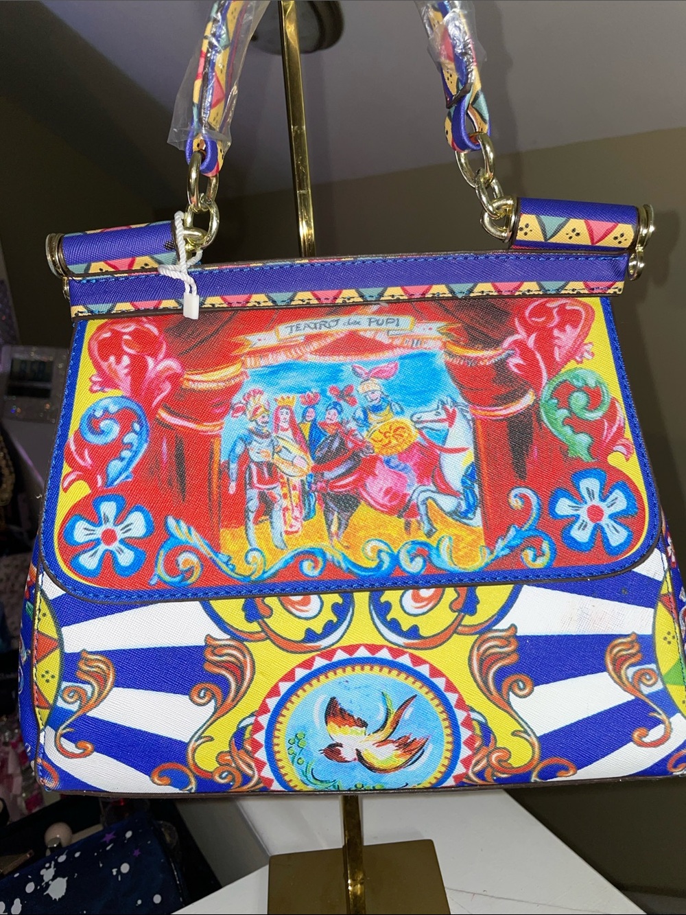 Colorful Striped Floral Print Top-Handle Bag in Blue and Red